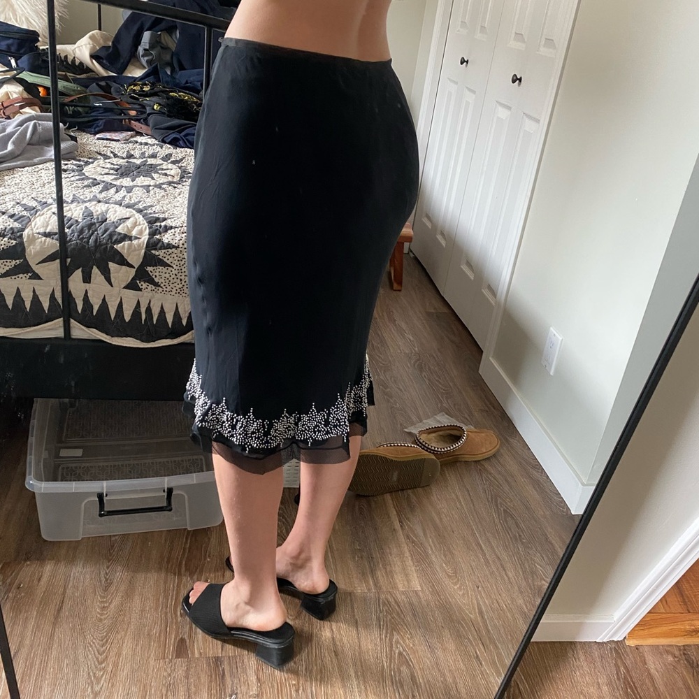 100% Silk Skirt Black with White Beading on Hem and Tulle Detail